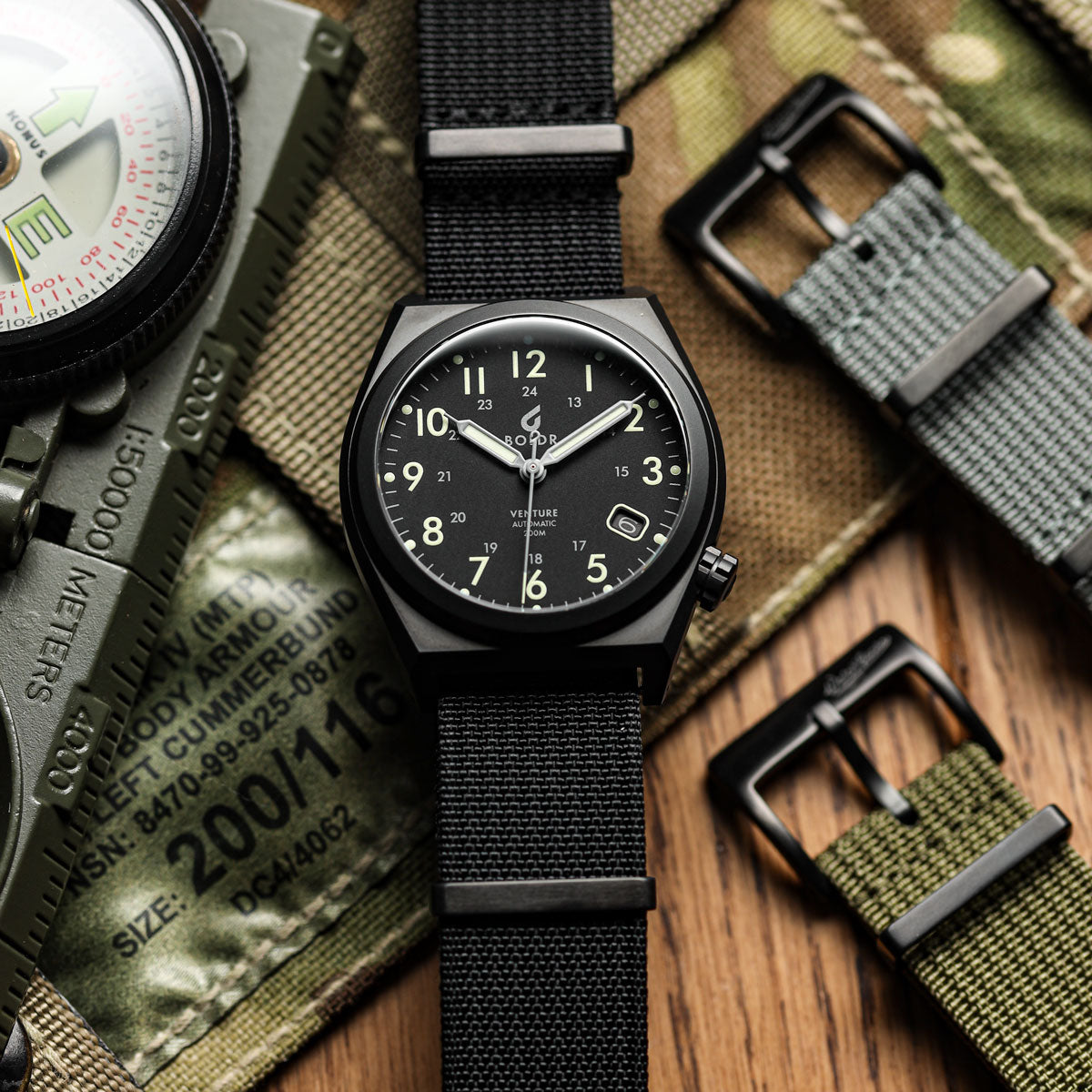 WatchGecko Ridge Military Nylon Watch Strap - Black - PVD IP Black on Boldr Venture