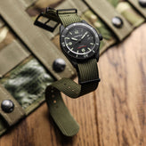 WatchGecko Ridge Military Nylon Watch Strap - Green - PVD IP Black on vertex