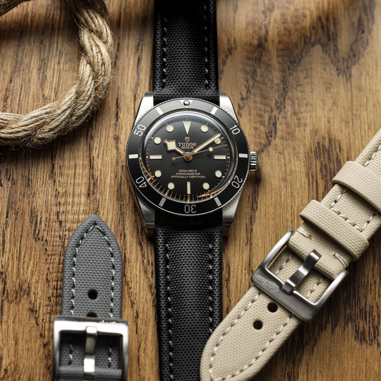 WatchGecko Atlas Sailcloth Strap - Black on Tudor Black Bay 58