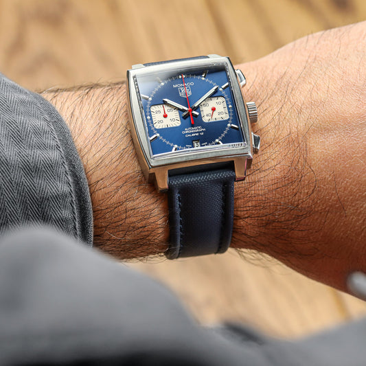 WatchGecko Atlas Sailcloth Strap - Blue  on Tag Heuer Monaco Automatic Chronograph