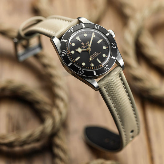 WatchGecko Padded Sailcloth Strap - Beige on Tudor Black Bay 58