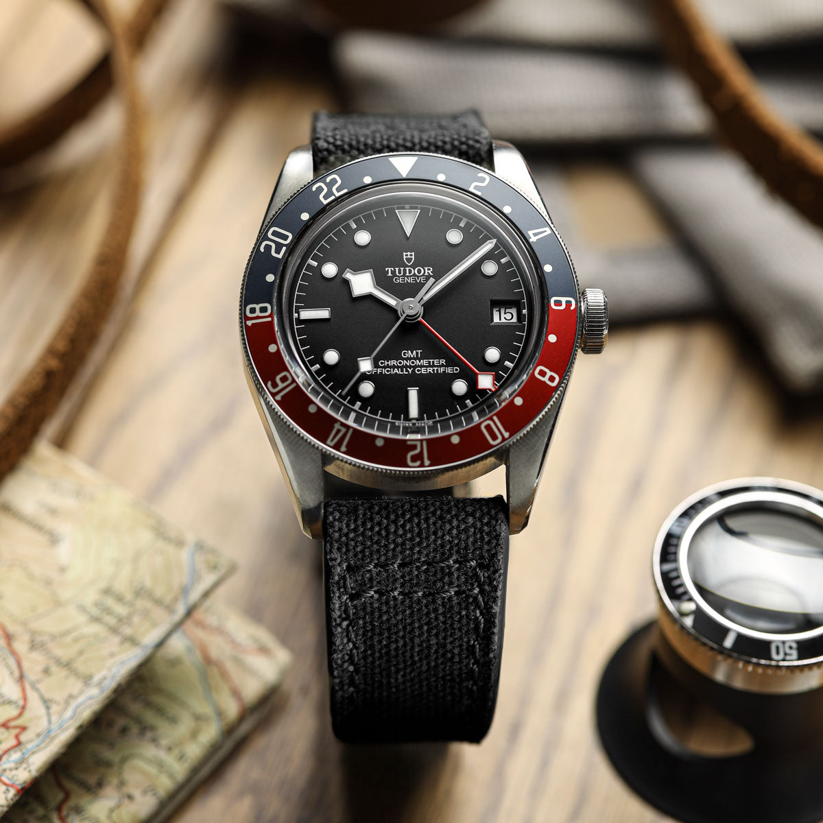 WatchGecko Two-Piece Canvas Watch Strap - Black on Tudor GMT