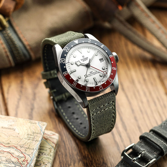 WatchGecko Two-Piece Canvas Watch Strap - Olive Green on Tudor GMT