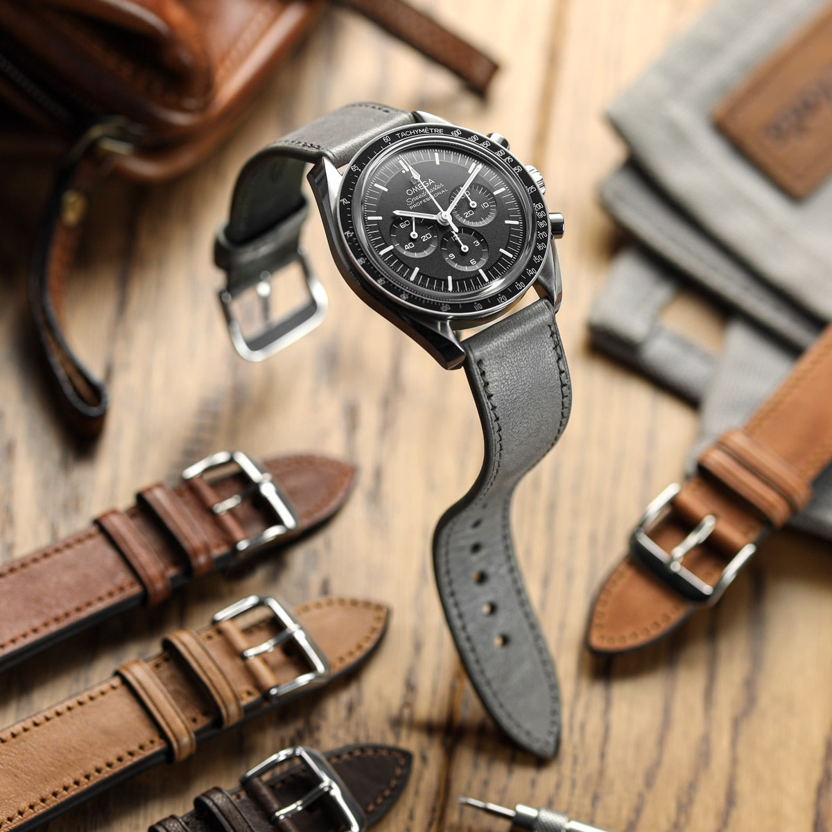 Camden Hand-Stitched Genuine Leather Watch Strap - Stone Grey on Omega Speedmaster