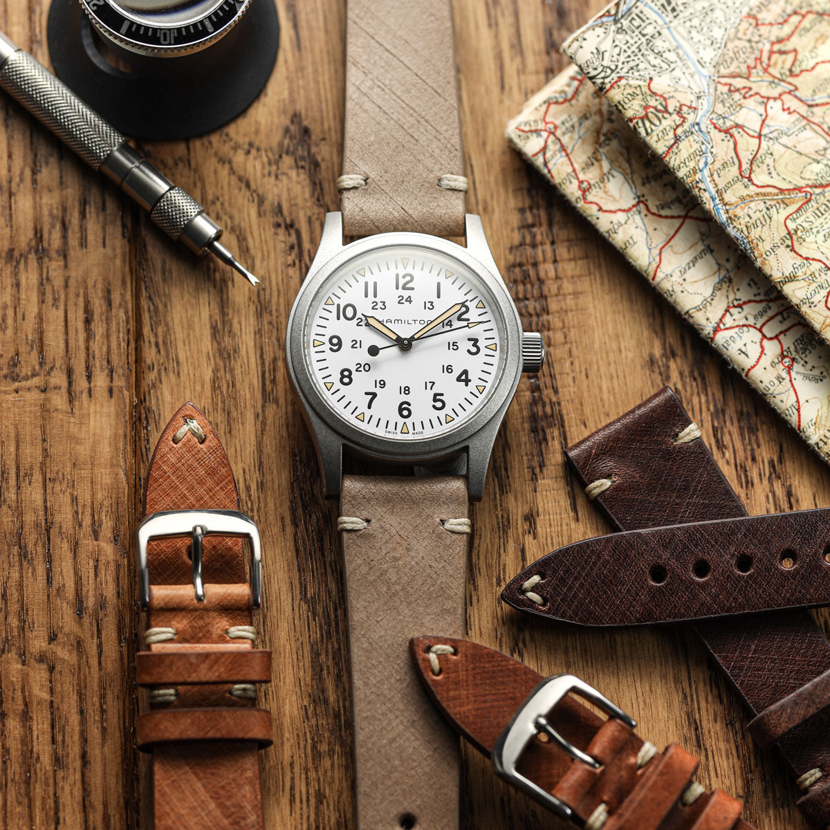 Cortez Genuine Leather Watch Strap -Beige on Hamilton Khaki