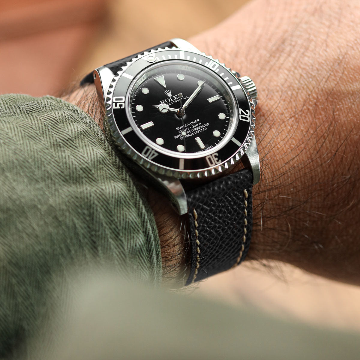 Hand Stitched Italian Leather Watch Strap - Alpine Black on Rolex Submariner