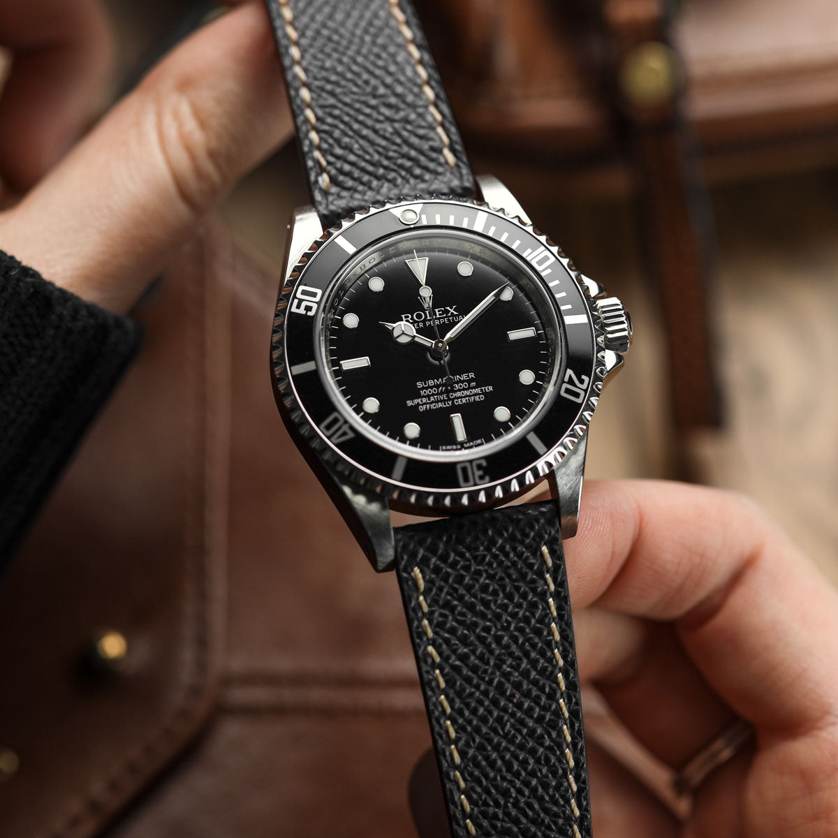 Hand Stitched Italian Leather Watch Strap - Alpine Black on Rolex Submariner