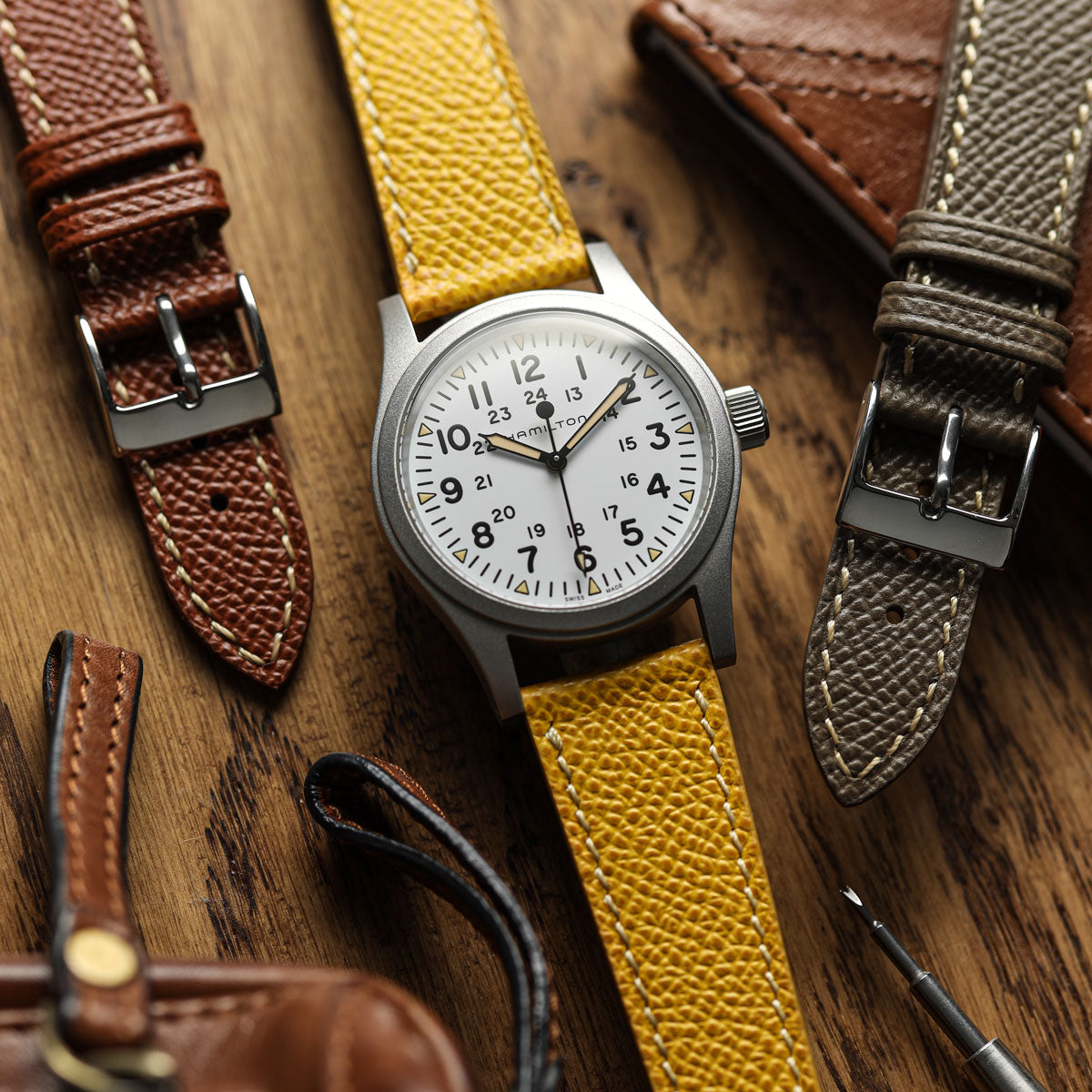 Hand Stitched Italian Leather Watch Strap - Alpine Yellow on Hamilton Khaki