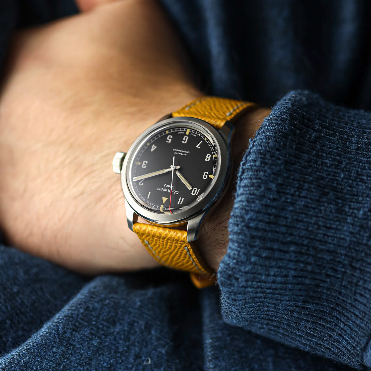 Hand Stitched Italian Leather Watch Strap  - Alpine Yellow on Christopher Ward