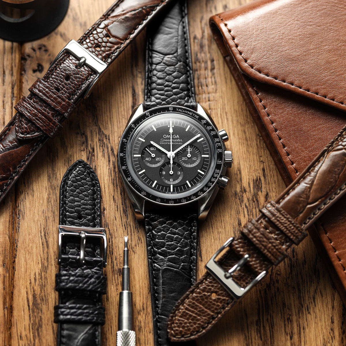 Ostrich Leg Leather Watch Strap - Black on Omega Speedmaster