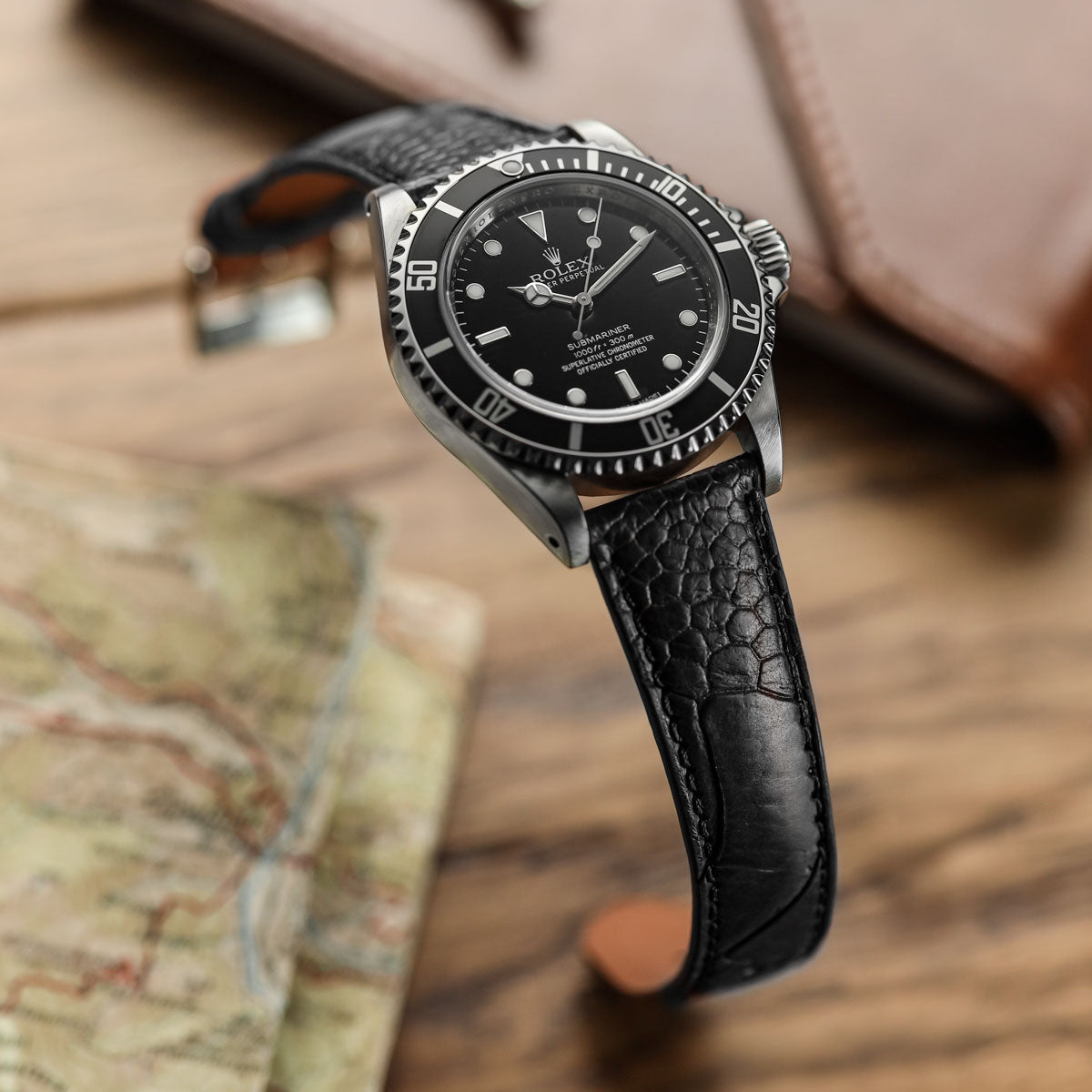 Ostrich Leg Leather Watch Strap - Black on Rolex Submariner