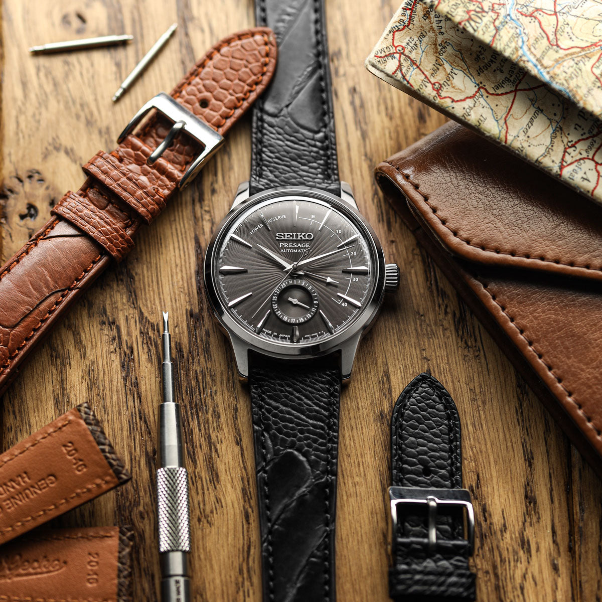 Ostrich Leg Leather Watch Strap - Black on Seiko Presage