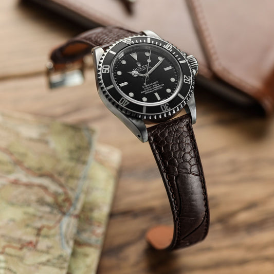 Ostrich Leg Leather Watch Strap - Brown on Rolex Submariner