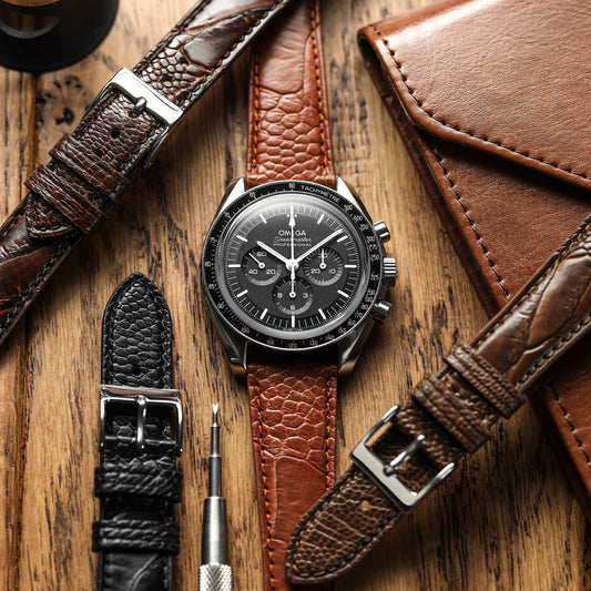 Ostrich Leg Leather Watch Strap - Tan on Omega Speedmaster