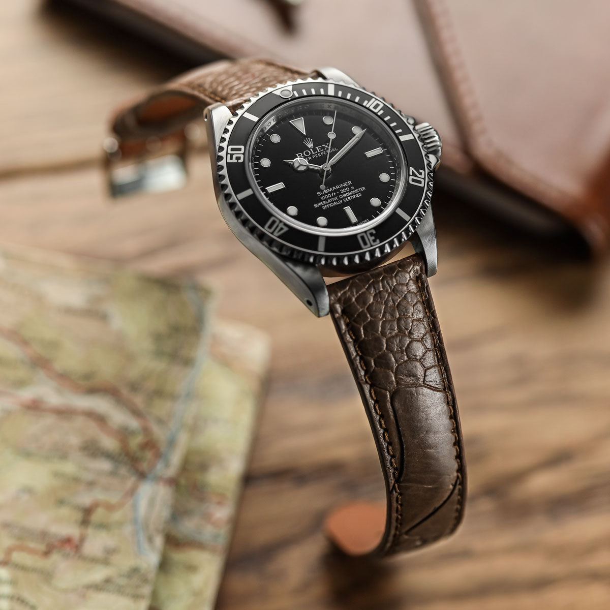 Ostrich Leg Leather Watch Strap - Earth on Rolex Submariner