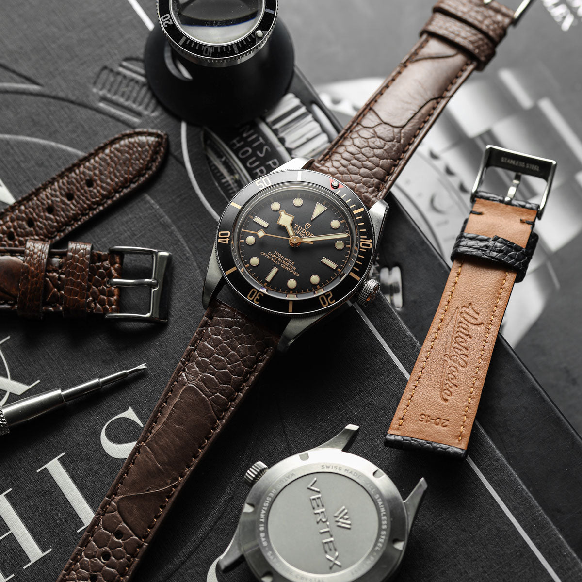 Ostrich Leg Leather Watch Strap - Black on Tudor BB58