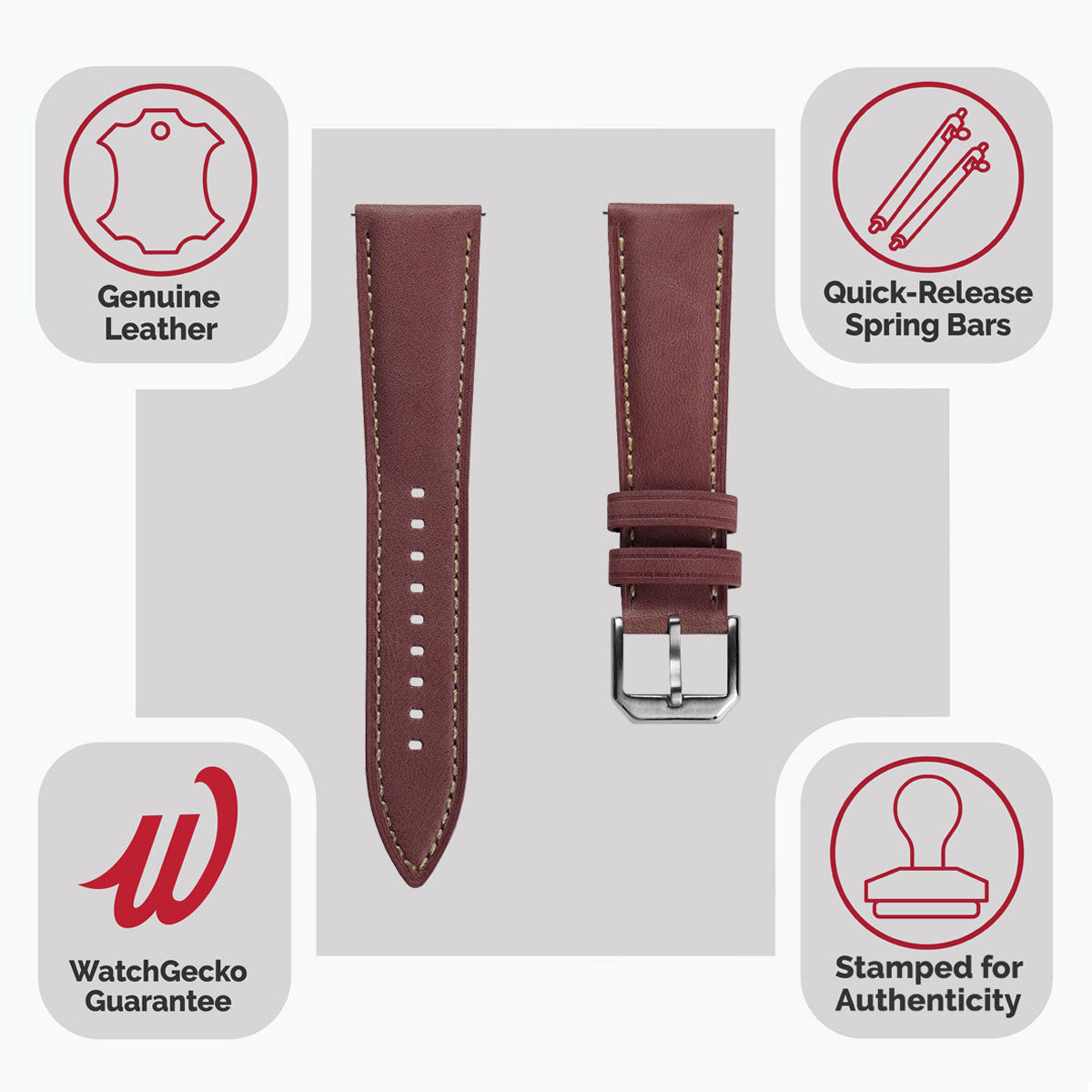 Whitby Vintage Padded Leather Watch Strap - Burgundy