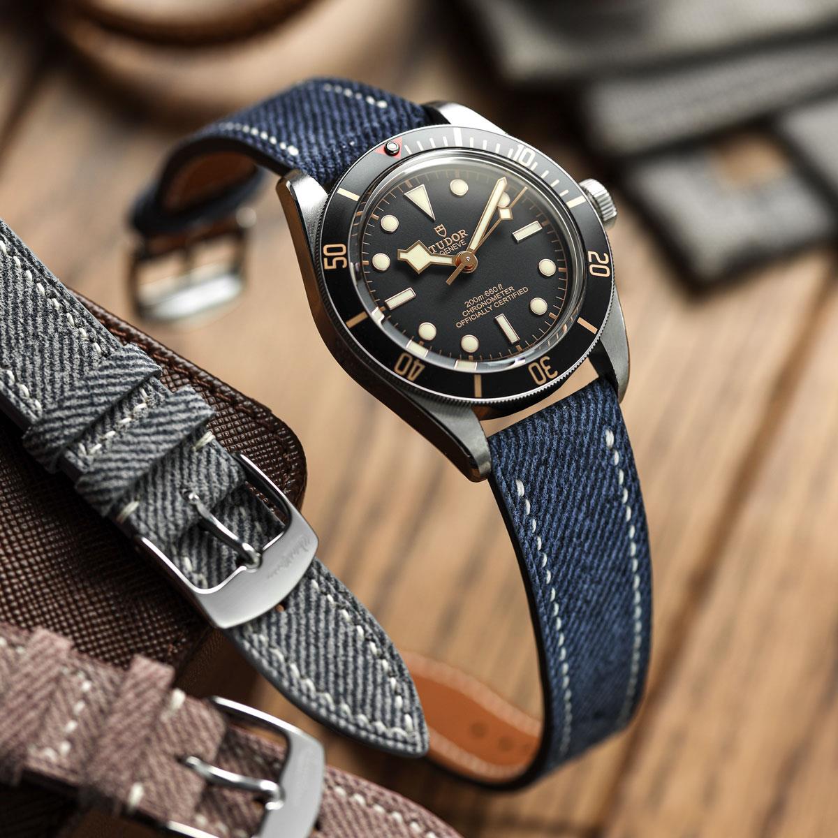 Arbour Hand-Stitched Denim Design Genuine Leather Watch Strap - Navy on Tudor Black Bay 58