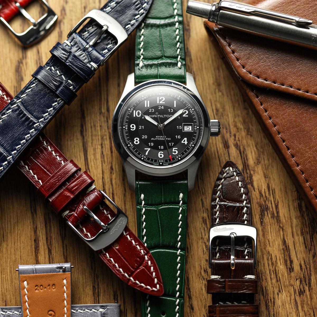 Arnhem Gator Print Genuine Leather Watch Strap - Dark Green on Hamilton Khaki Field Automatic