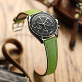 WatchGecko Brixham Classic Saffiano Leather Watch Strap - Avocado Green on Omega Speedmaster