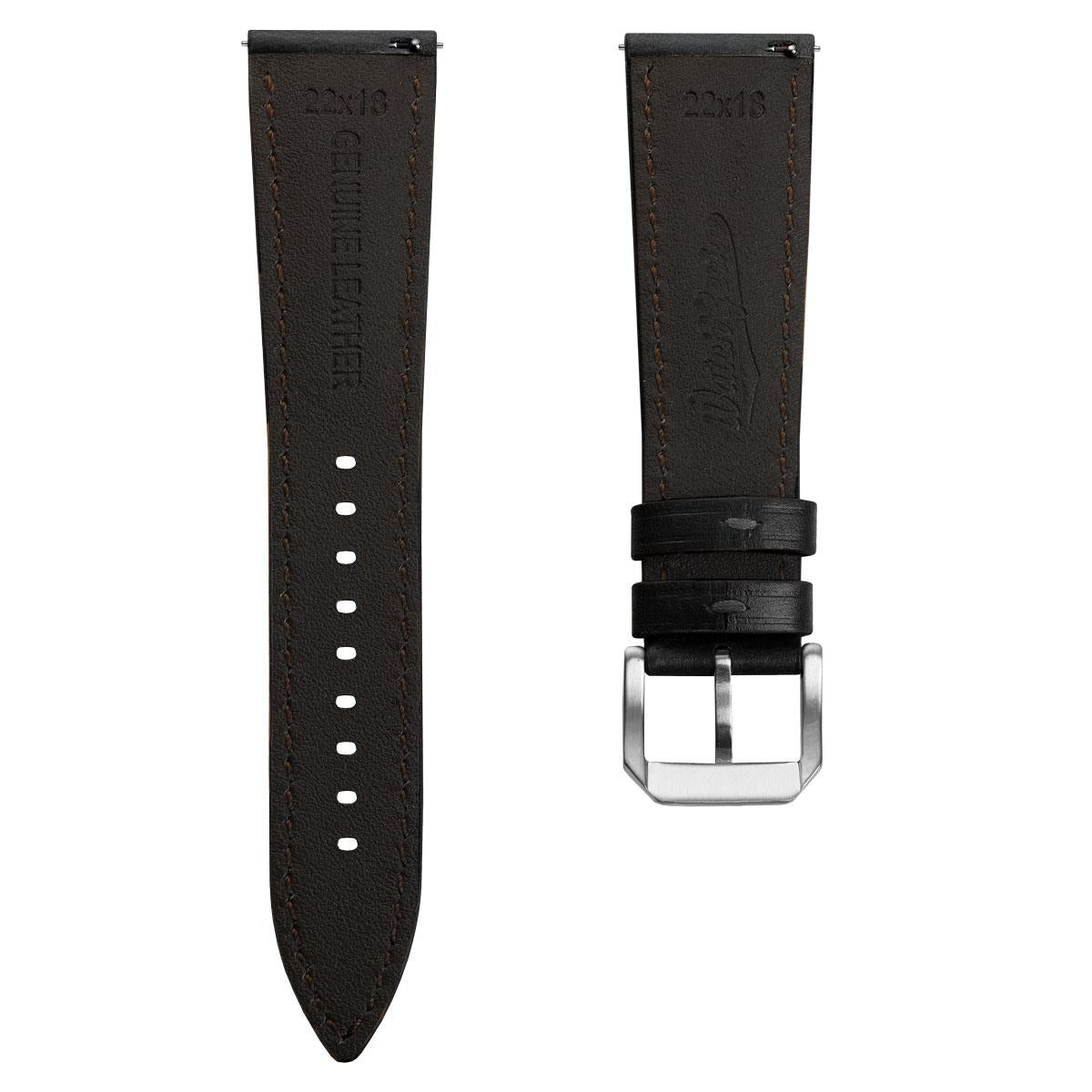 Tenby Classic Padded Genuine Leather Watch Strap  - Black & Black Stitching