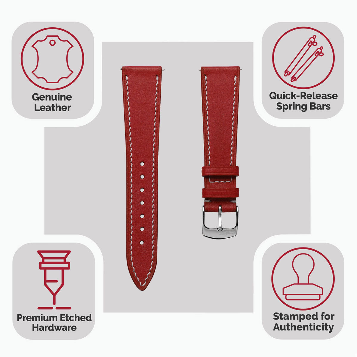 Bourton Hand-Stitched Genuine Italian Leather Watch Strap - Bright Red