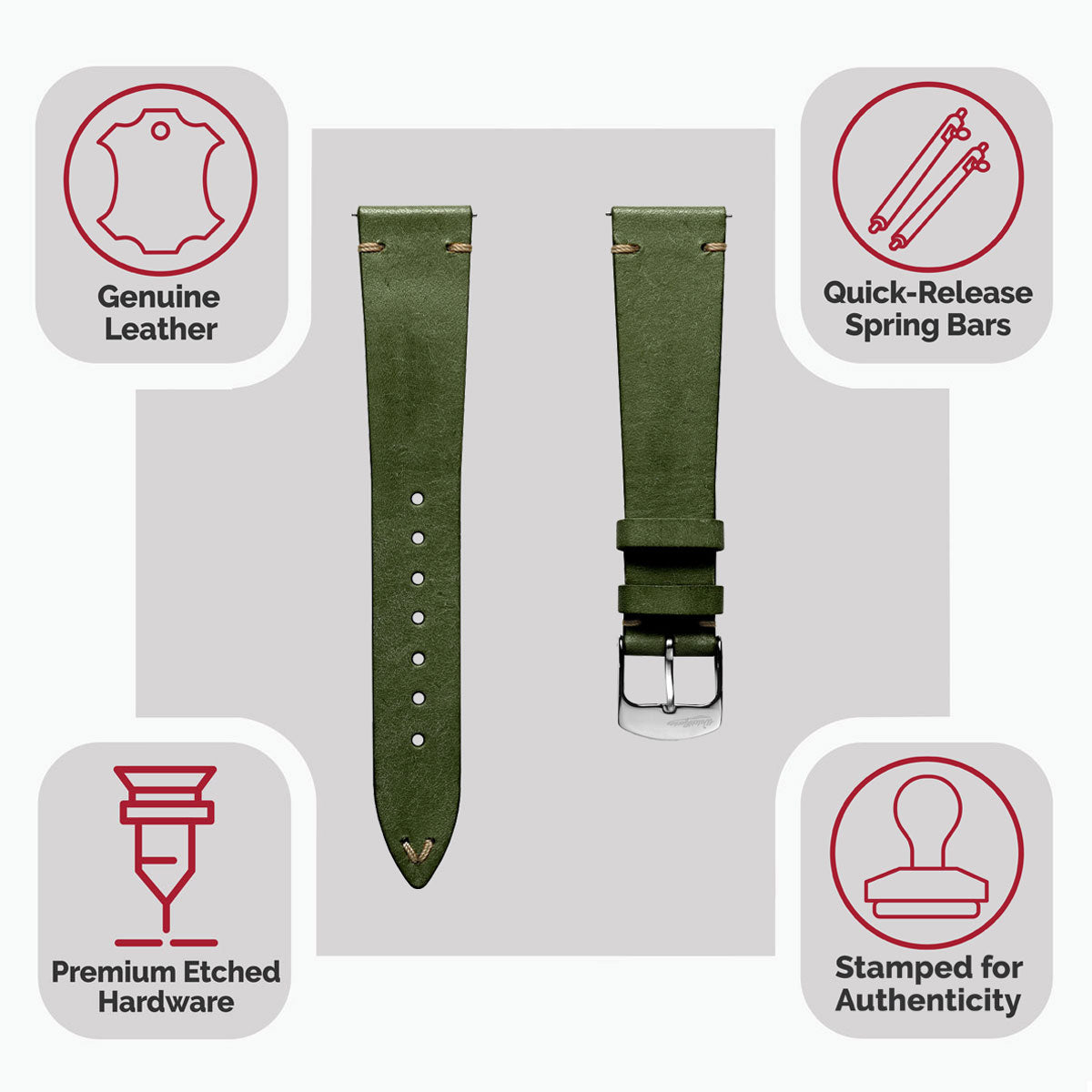 Charlbury V-Stitch Genuine Italian Leather Watch Strap - Earth Green