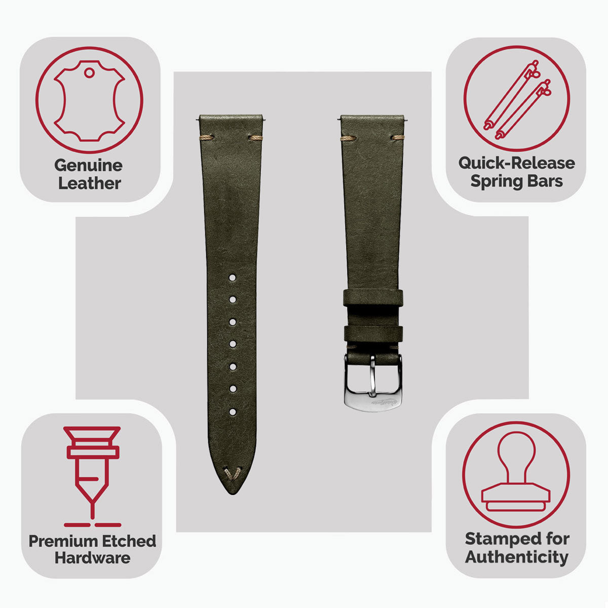 Charlbury V-Stitch Genuine Italian Leather Watch Strap - Olive Green