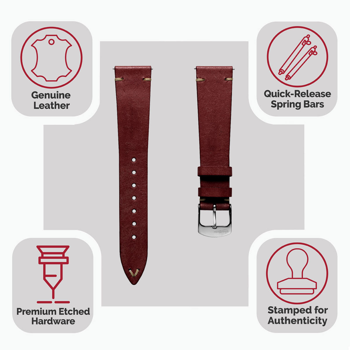 Charlbury V-Stitch Genuine Italian Leather Watch Strap - Vintage Red