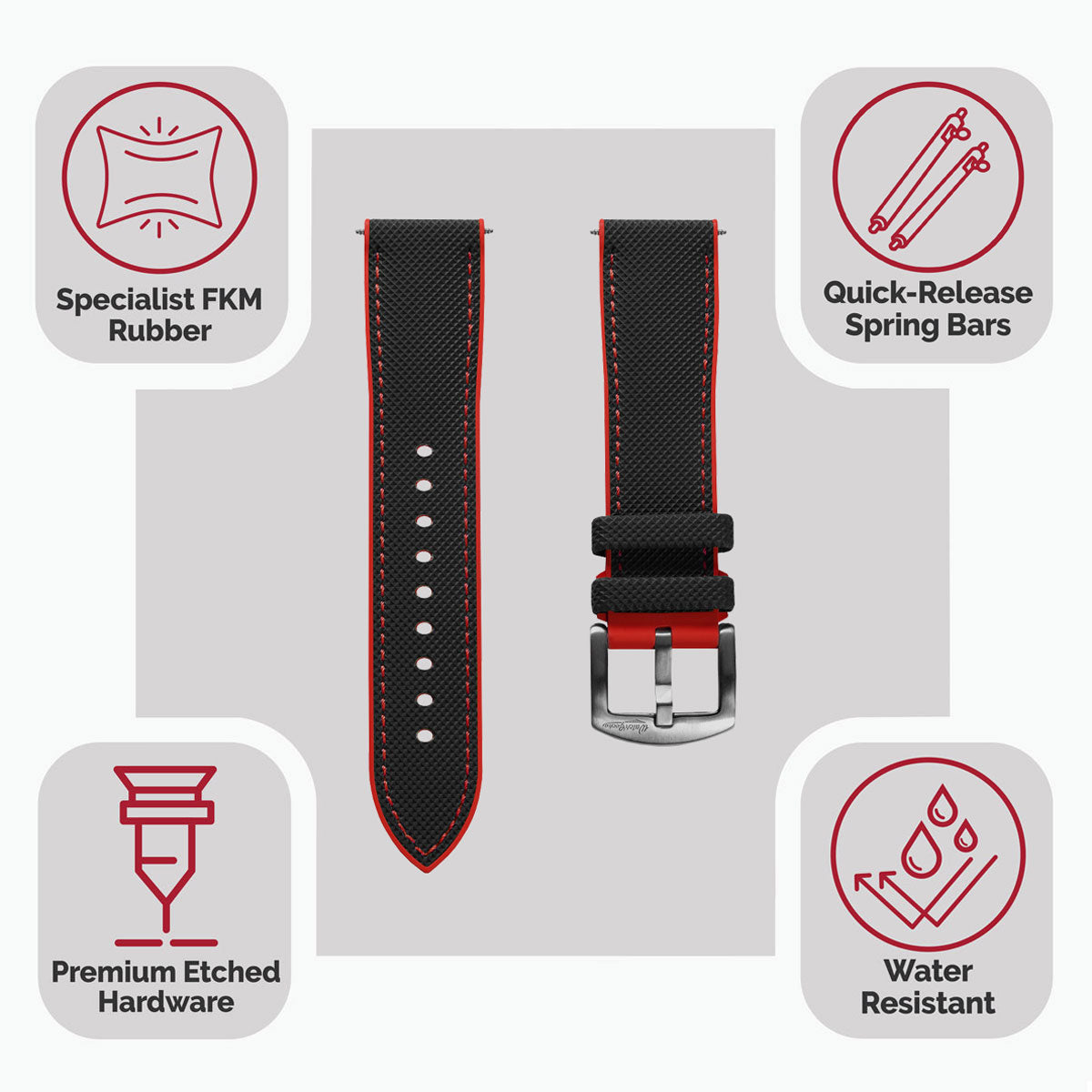 WatchGecko ChronoFKM Rubber Watch Strap - Black & Red