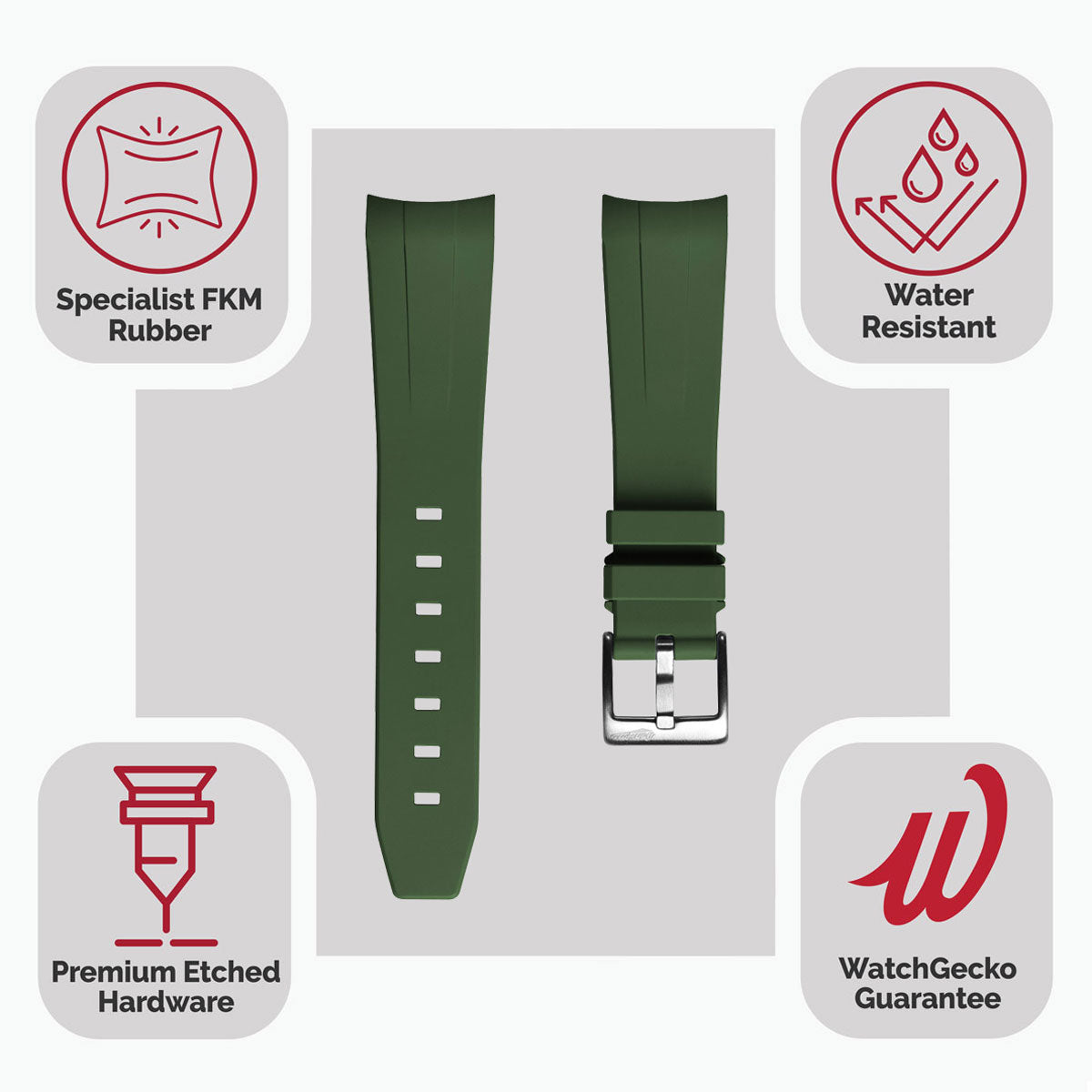 WatchGecko Curved Ends  Rubber Watch Strap - Green