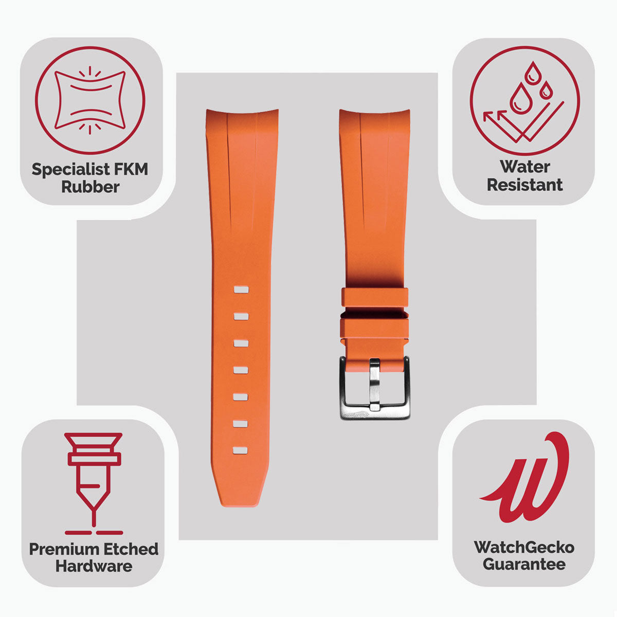 WatchGecko Curved Ends  Rubber Watch Strap - Orange