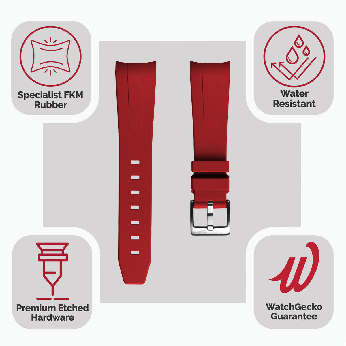 WatchGecko Curved Ends  Rubber Watch Strap - Red