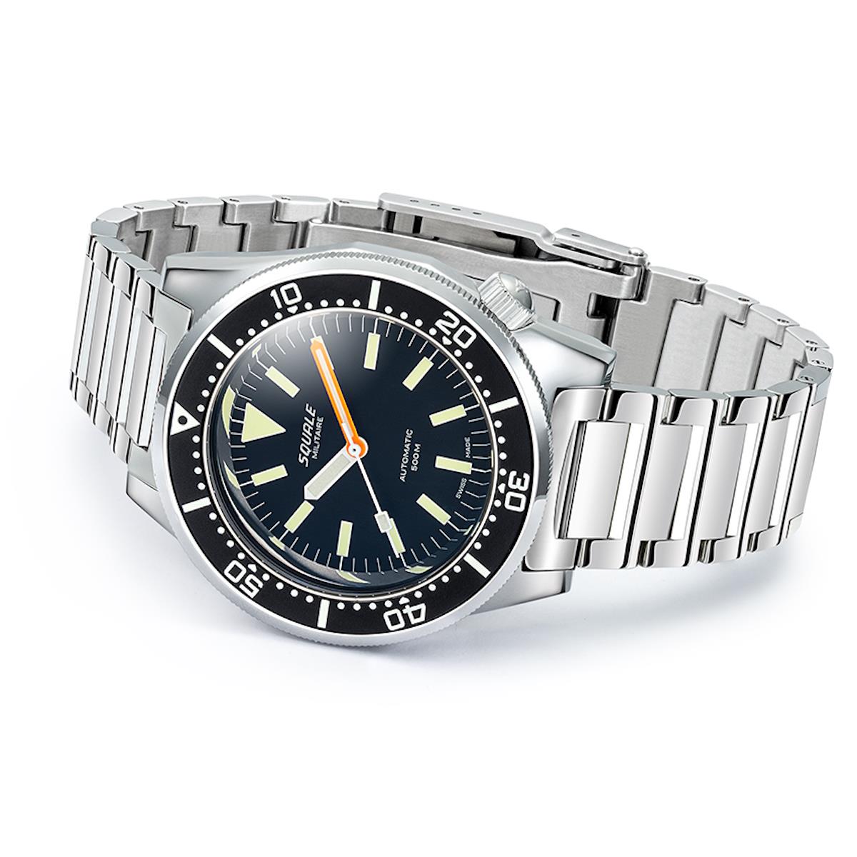 Squale 1521 Polished Steel Case - Military Black Dial on Bracelet