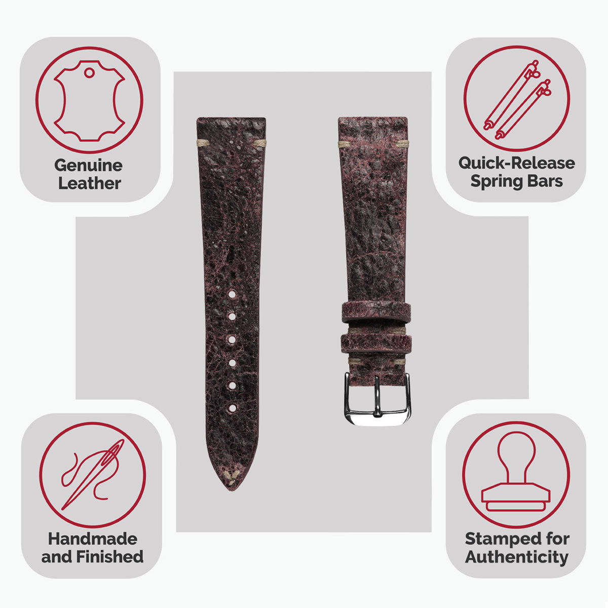 Dexter Cracked Finish Leather Watch Strap - Gloss Bordeaux