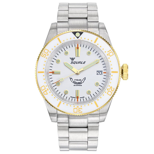 Squale 1545 White (White and Gold Bezel) on Stainless Steel Bracelet