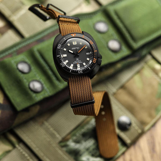 WatchGecko Ridge Military Nylon Watch Strap - Brown - PVD IP Black on Seiko