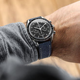 Arbour Hand-Stitched Denim Design Genuine Leather Watch Strap - Navy on Omega Speedmaster