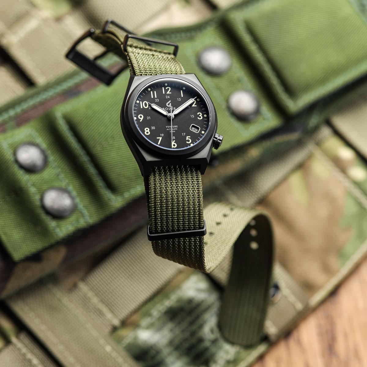 WatchGecko Ridge Military Nylon Watch Strap - Green - PVD IP Black on Boldr Venture