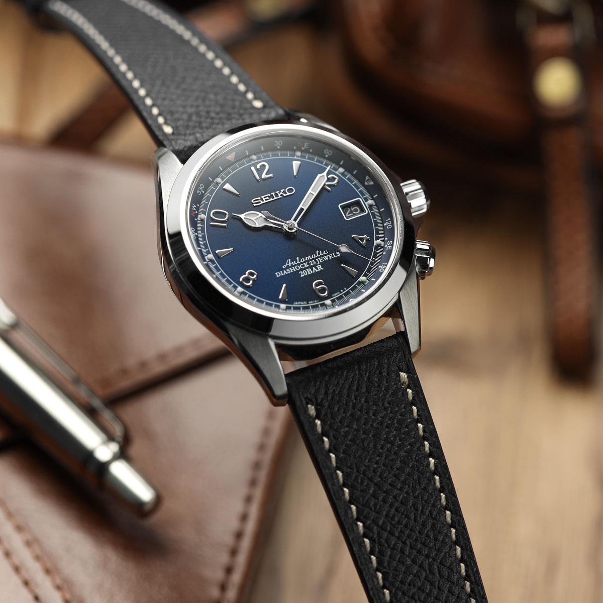 Hanley Epsom Leather Watch Strap - Black on Seiko