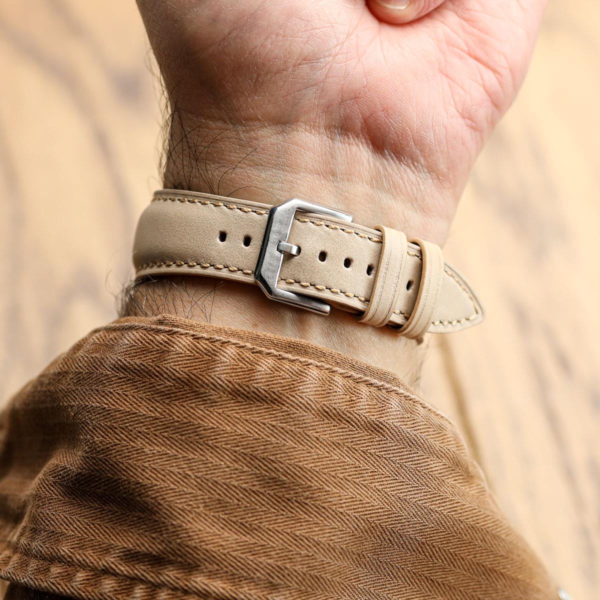 Whitby Vintage Padded Leather Watch Strap - Beige