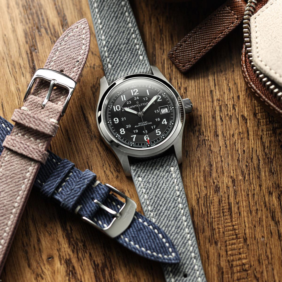 Arbour Hand-Stitched Denim Design Genuine Leather Watch Strap - Grey on Hamilton Khaki Field Auto