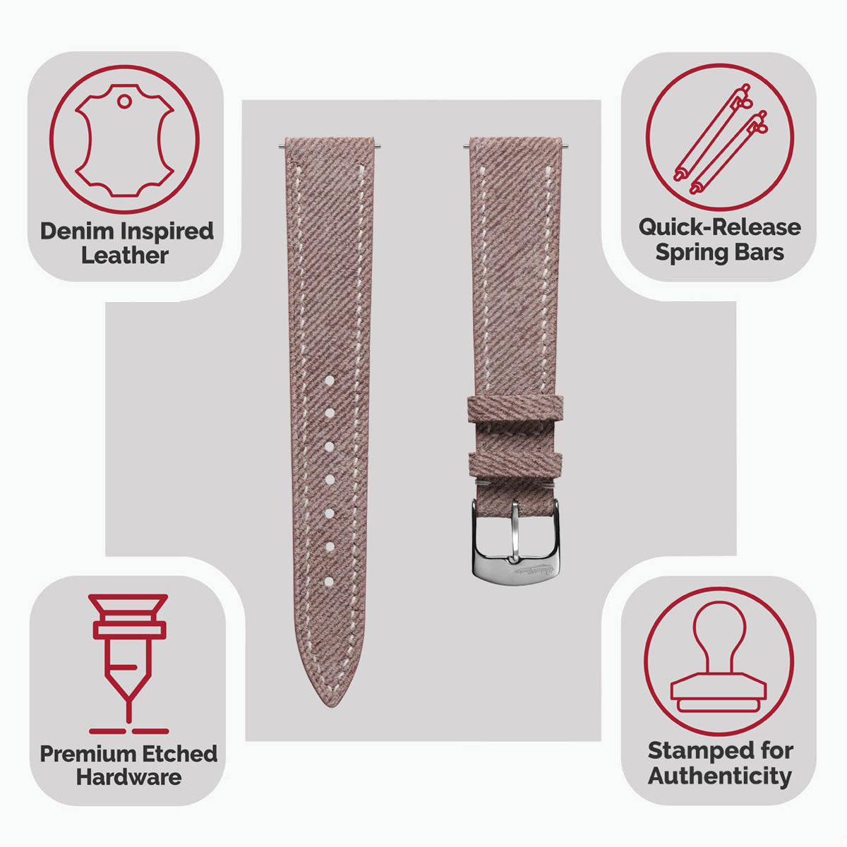 Arbour Hand-Stitched Denim Design Genuine Leather Watch Strap - Quartz Pink