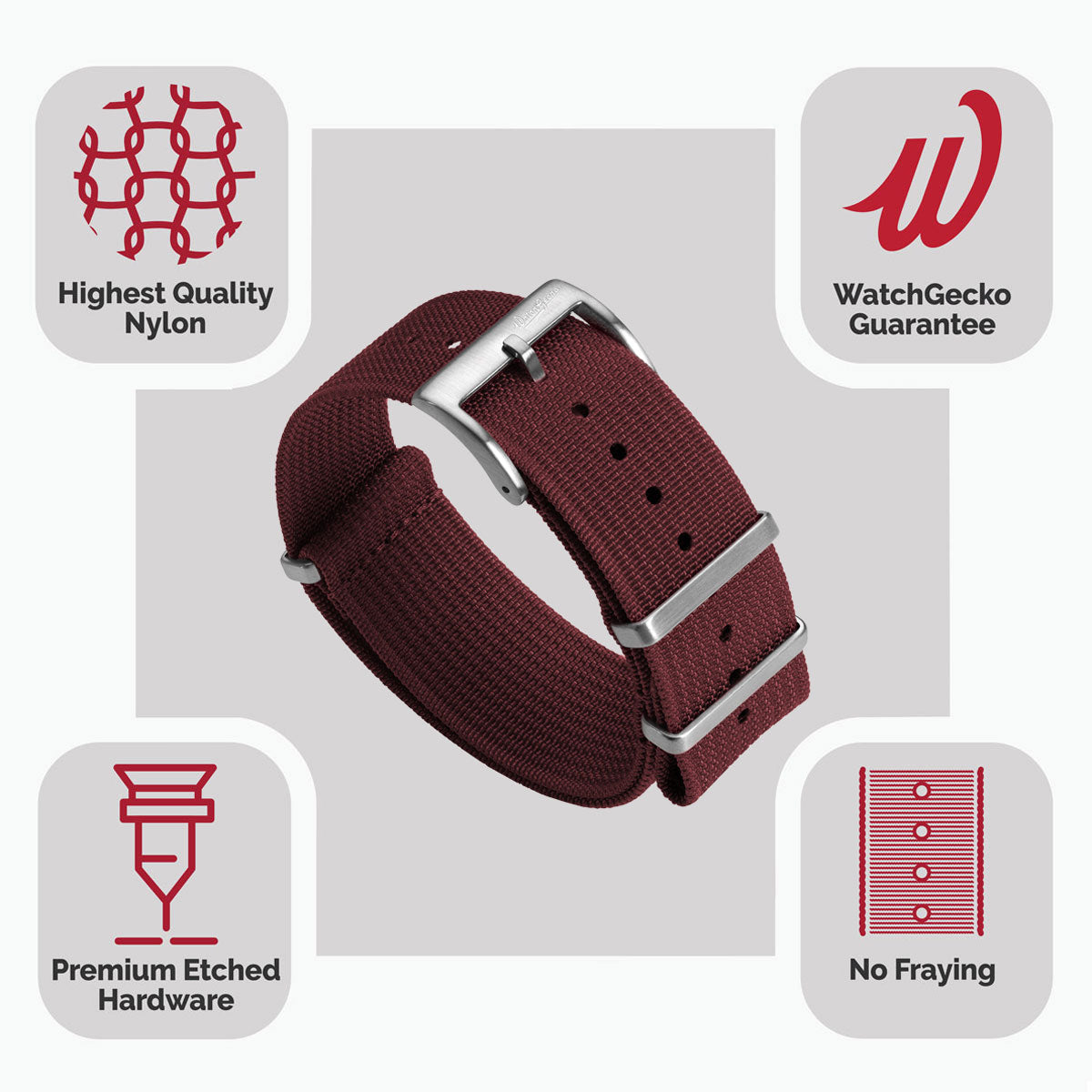 WatchGecko Ridge Military Nylon Watch Strap - Burgundy Red