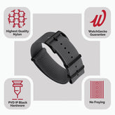 WatchGecko Ridge Military Nylon Watch Strap - Grey - PVD IP Black