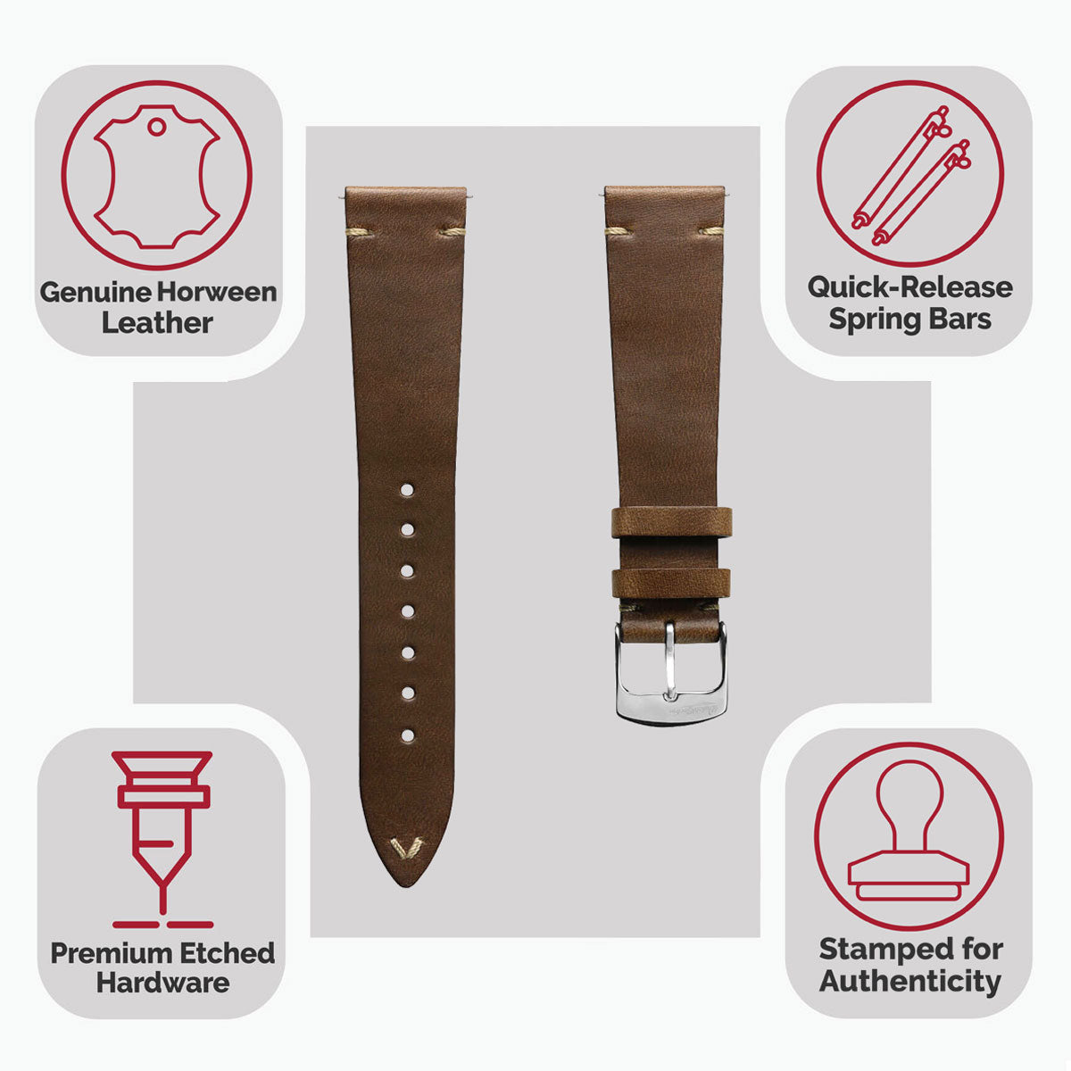 Genuine Horween Chromexcel® V-Stitch Leather Watch Strap - Light Brown