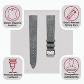 Arbour V-Stitch Denim Design Genuine Leather Watch Strap - Grey