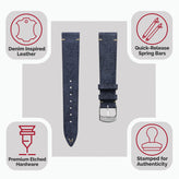 Arbour V-Stitch Denim Design Genuine Leather Watch Strap - Navy Blue