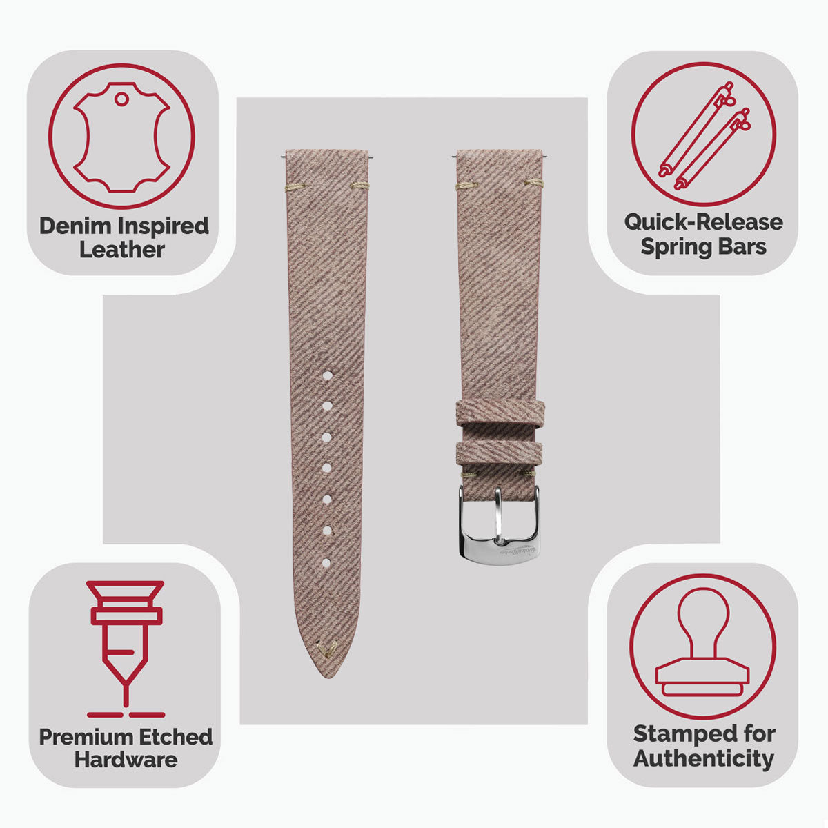 Arbour V-Stitch Denim Design Genuine Leather Watch Strap - Quartz Pink