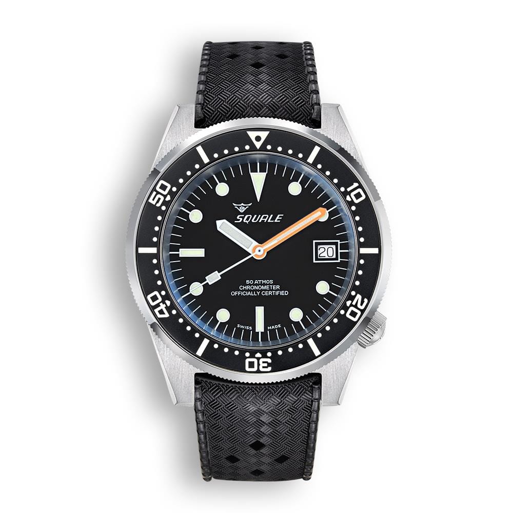 Squale 1521 Swiss Made COSC Diver's Watch - Black Dial - Rubber and Le